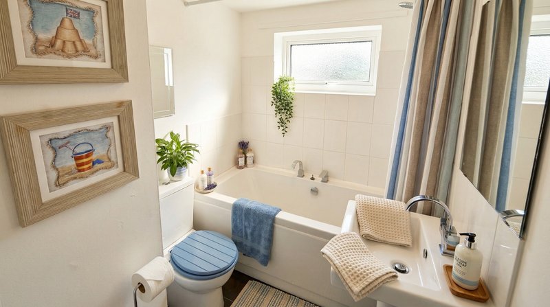Modern bathroom with bathtub, toilet, sink, window and decorative wall art
