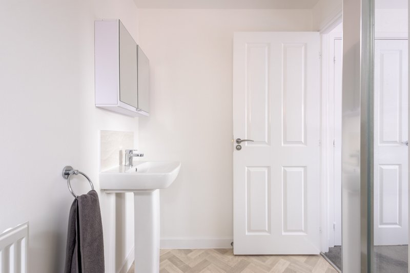 Clean bathroom with pedestal sink, mirrored cabinet, towel rail and white panelled door