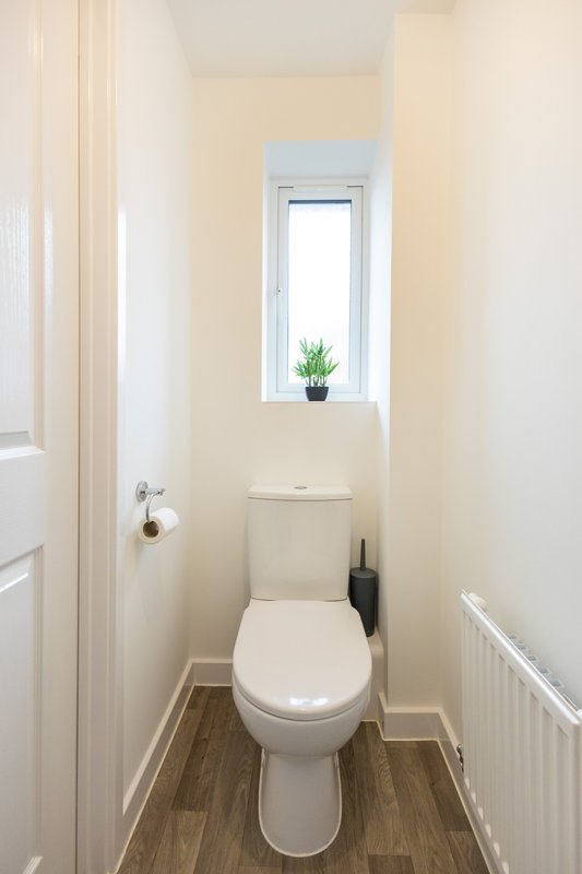 Small bathroom with white toilet, window with potted plant, cream walls and wooden floor