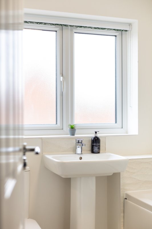 Clean bathroom with pedestal sink, window above, toiletries and small potted plant on sill