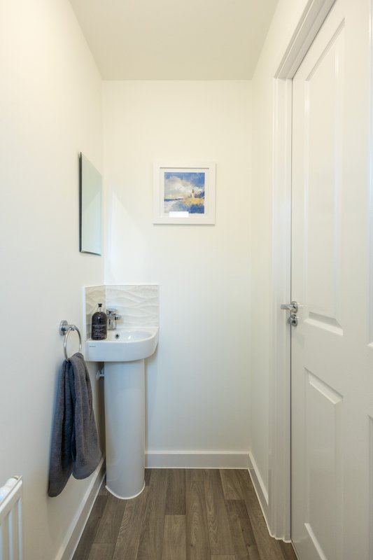 Small bathroom with pedestal sink, mirror, framed picture and towel rail