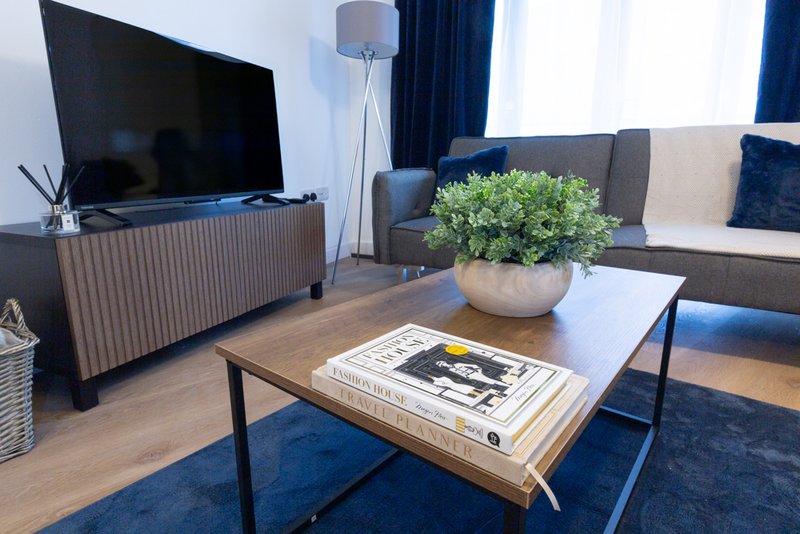 Modern living room with TV, sofa, coffee table with plant and magazine, wooden floor