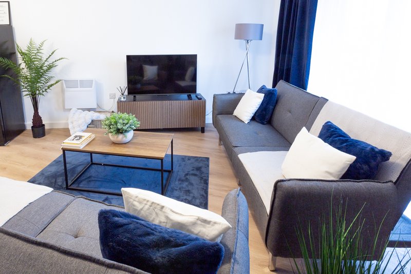 Modern living room with grey sofa, blue cushions, TV on wooden stand, coffee table and plants