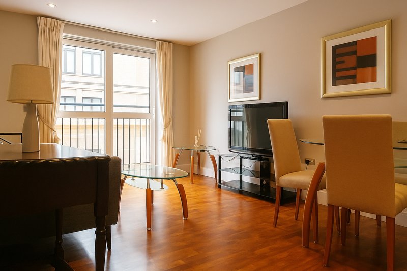 Bright living and dining area with wooden flooring, modern furniture and large windows overlooking street