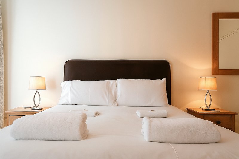 Bright bedroom with double bed, dark headboard, white bedding, and bedside lamps