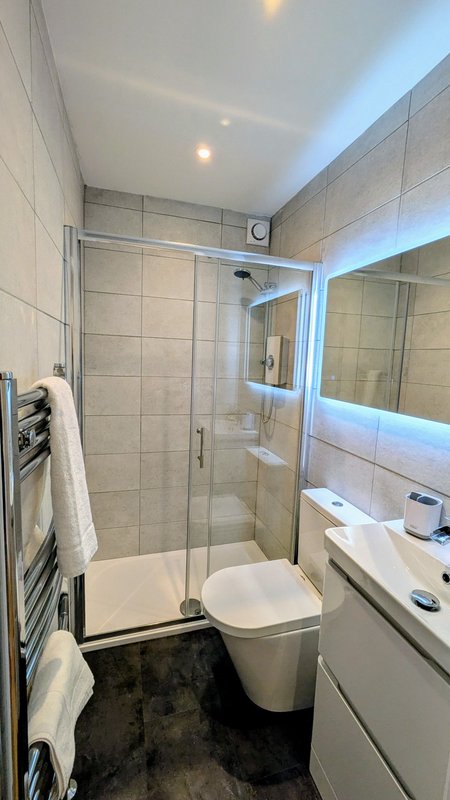 Modern bathroom with walk-in shower, white toilet, vanity sink and heated towel rail