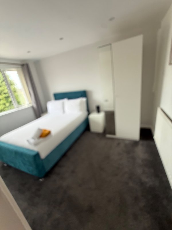 Modern bedroom with teal bed frame, white pillows, dark flooring and large window