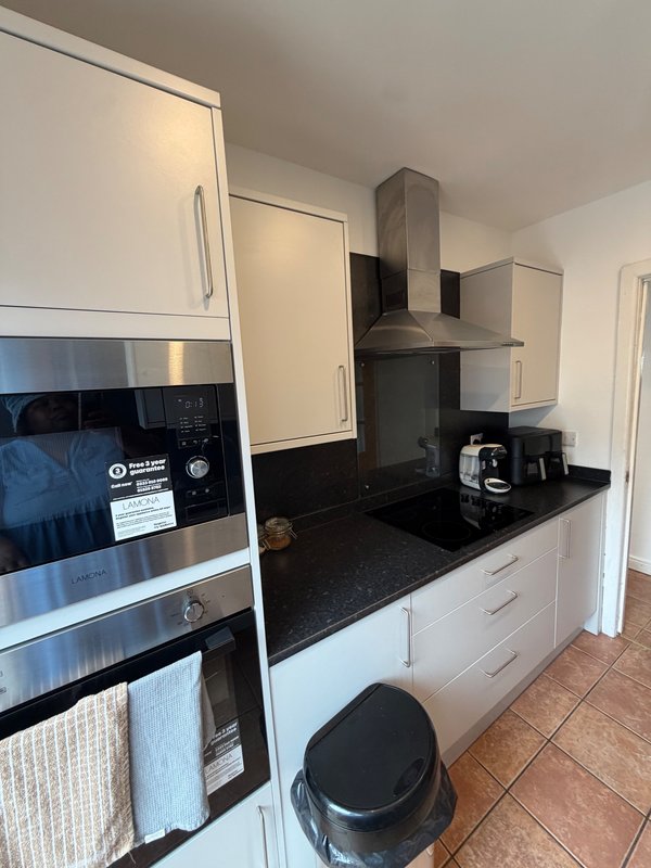 Modern kitchen with white cabinetry, black countertop, stainless steel appliances and extractor hood