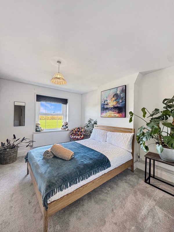 Bright bedroom with wooden bed, blue bedding, window, wall art and potted plants