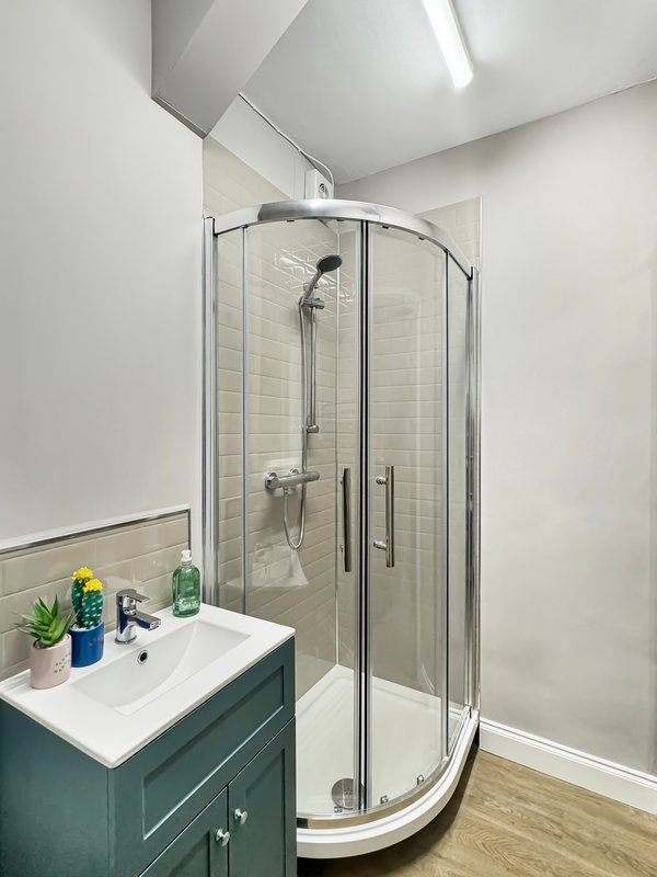 Modern bathroom with curved shower enclosure, white sink, teal vanity and potted plants
