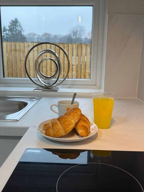 Kitchen counter with croissants, orange juice, coffee cup and window view of garden