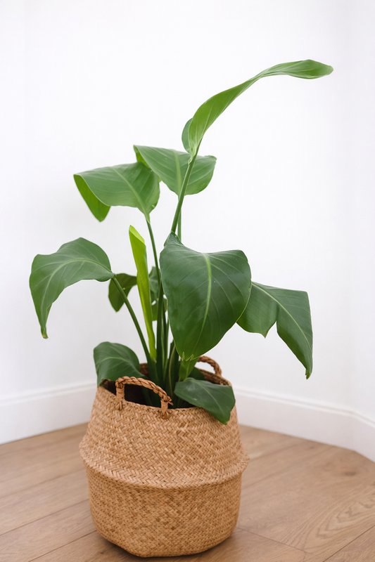 Potted green plant with arching leaves in woven basket planter on wooden floor
