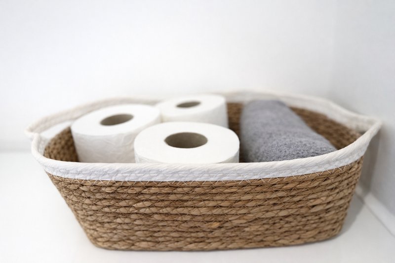 Woven storage basket containing rolls of toilet paper and folded towels