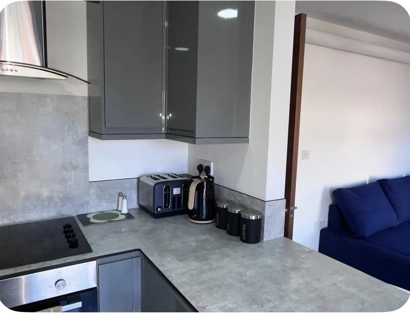 Modern kitchen with dark cabinets, stainless steel oven, countertop appliances and blue sofa