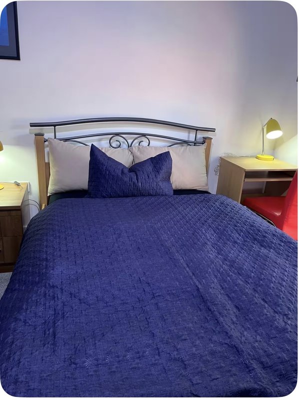 Bedroom with metal-framed bed, blue bedding, decorative pillows, and bedside lamps