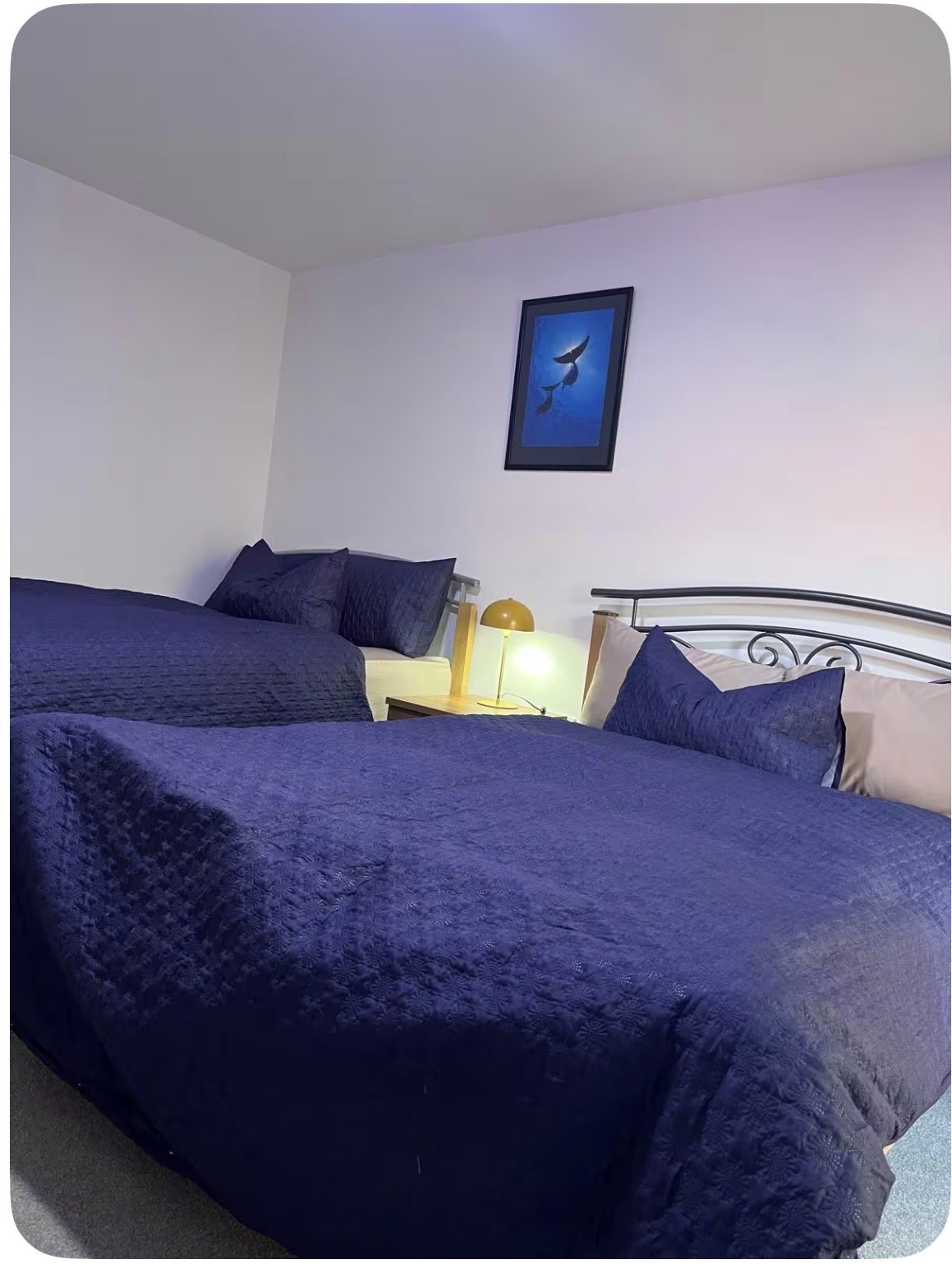 Bedroom with two double beds, navy bedding, yellow bedside lamp and framed wall art