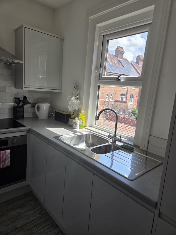 Modern kitchen with white cabinetry, stainless steel sink, window overlooking brick buildings