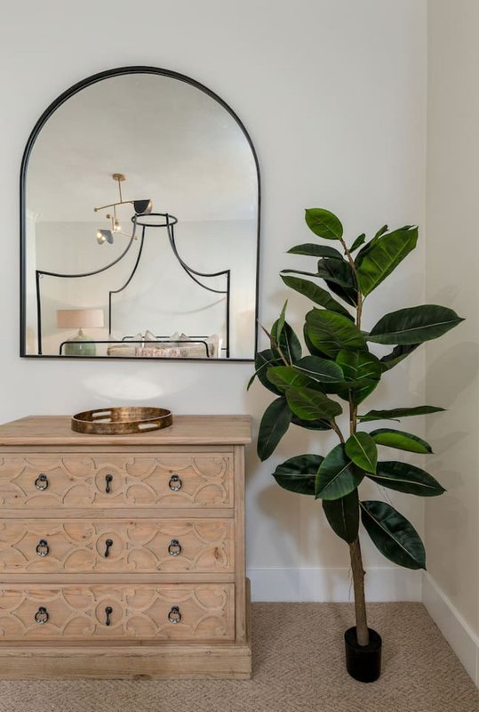 Wooden dresser with arched mirror, potted plant, and decorative accessories