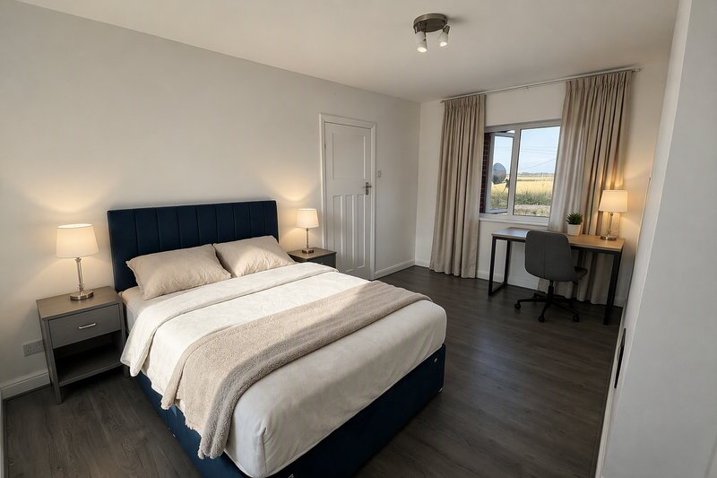 Modern bedroom with navy bed, white bedding, bedside tables, lamps, and views from large windows