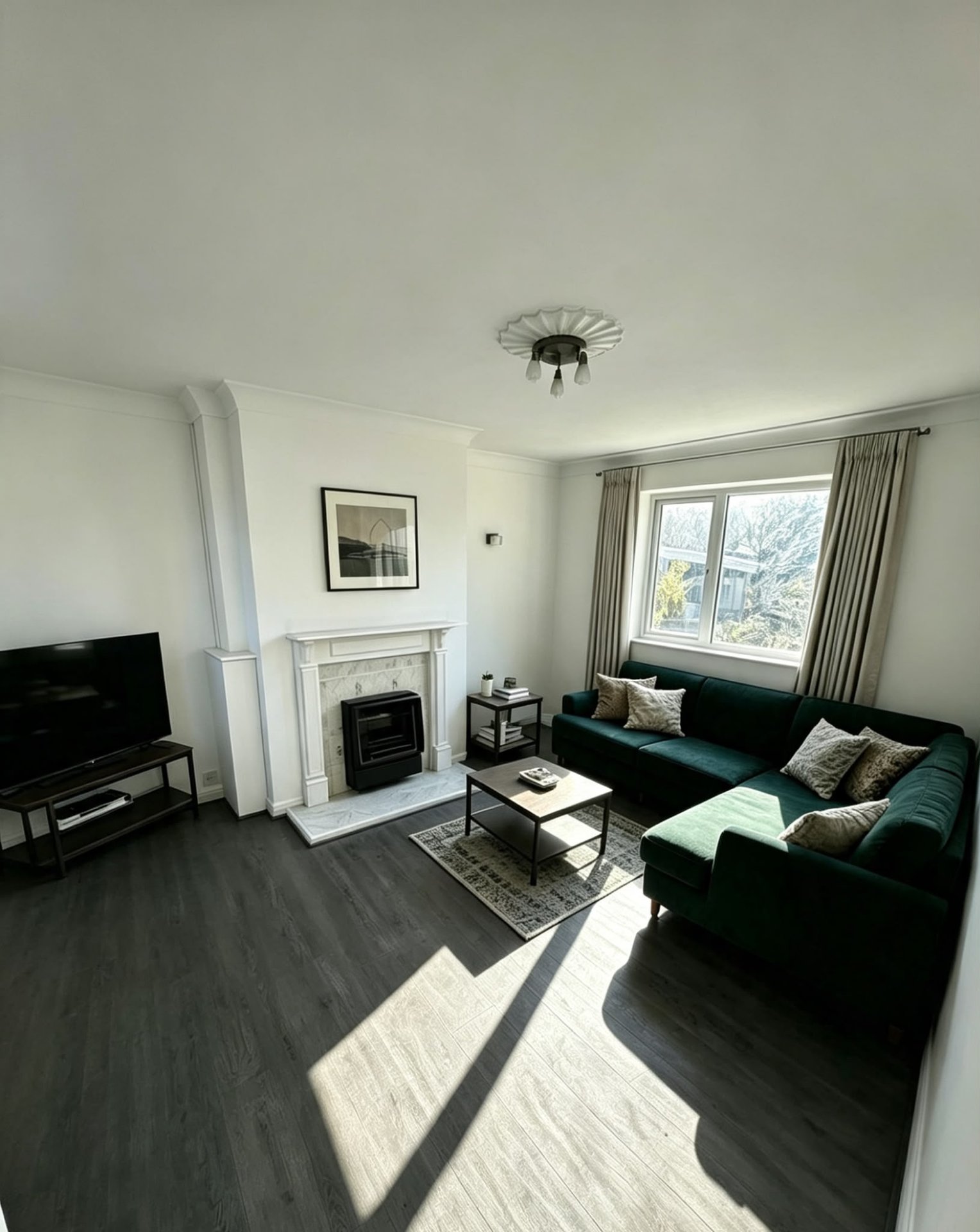 Bright living room with dark green sofa, fireplace, TV, and large windows with curtains