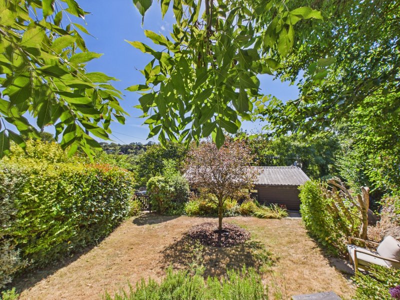 Garden with mature trees, hedges, lawn and small outbuilding visible