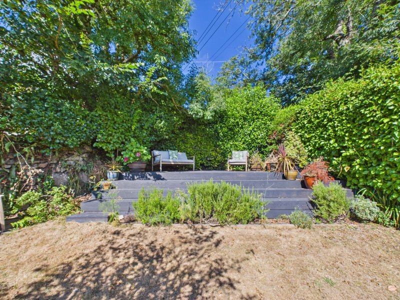 Garden patio area with paved surface, potted plants, and surrounding greenery