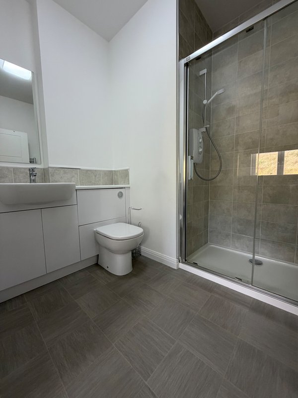 Modern bathroom with white vanity, toilet, walk-in shower enclosure and dark tile flooring