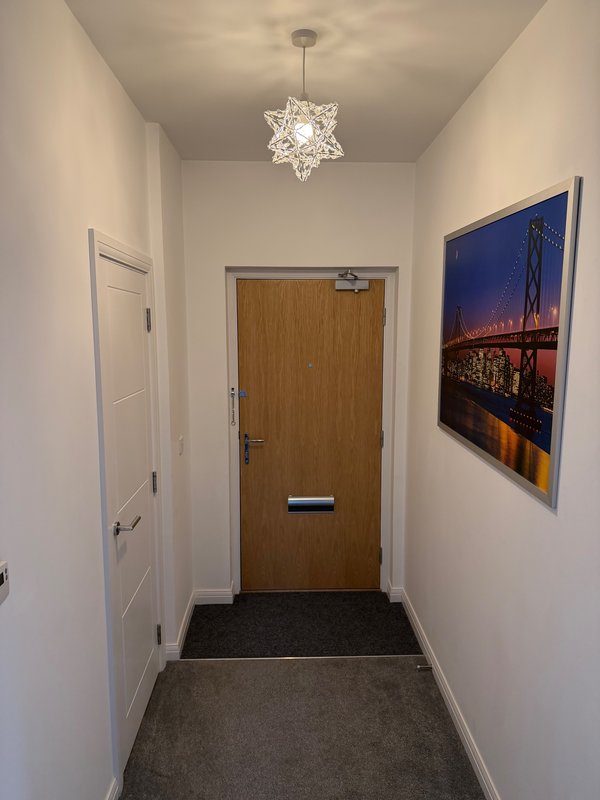 Hallway entrance with wooden door, modern light fixture, and framed cityscape photograph