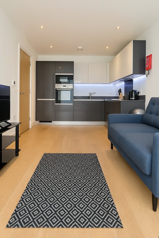 Open-plan kitchen and living room with dark cabinetry, blue sofa, wooden flooring and geometric rug