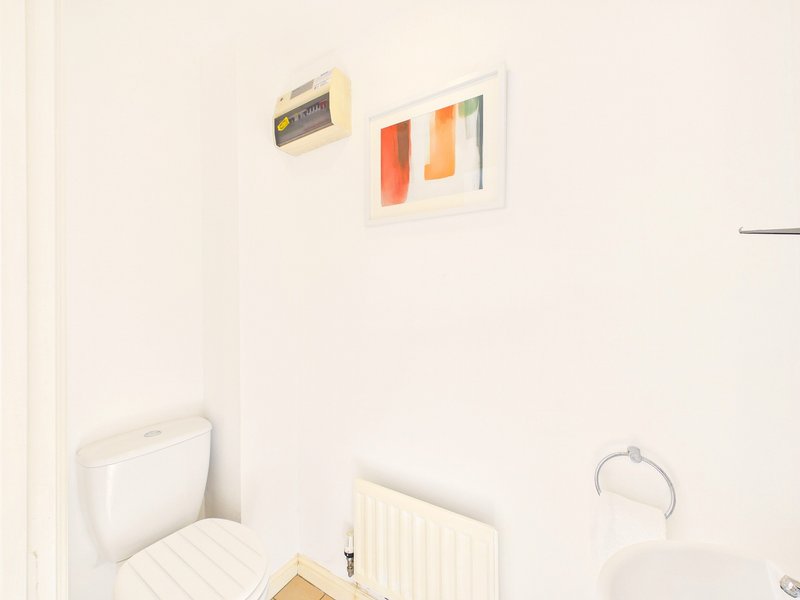 Small bathroom with toilet, radiator, wall art and towel ring