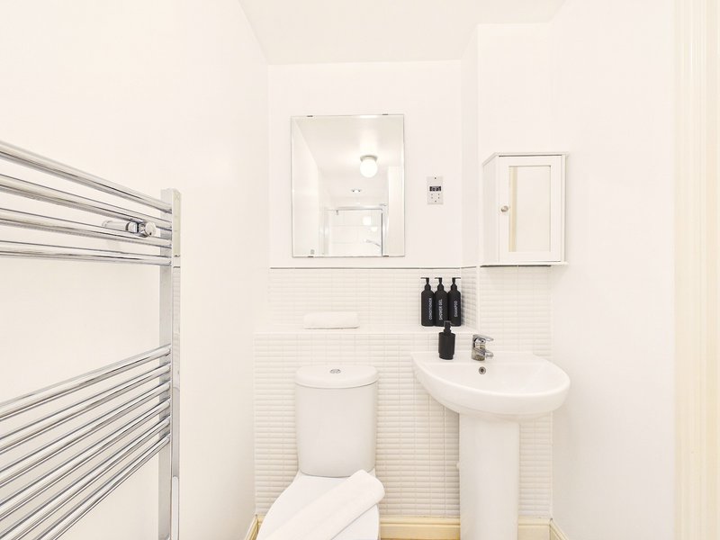 White bathroom with pedestal sink, toilet, heated towel rail and mirrored cabinet