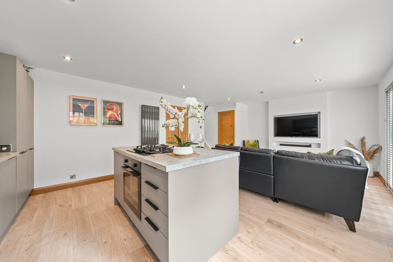Open-plan kitchen and living room with white cabinetry, island, wooden flooring and television