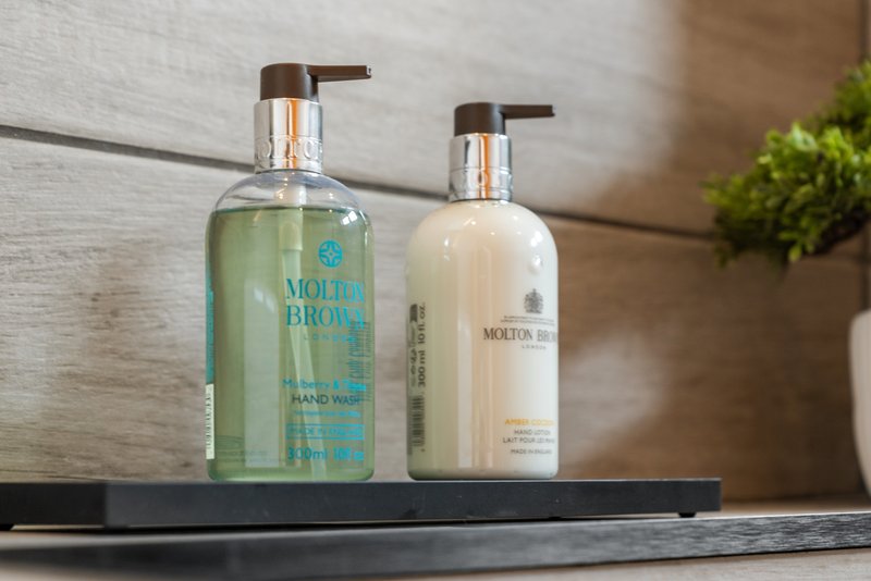 Bathroom counter with two branded soap dispensers and small potted plant