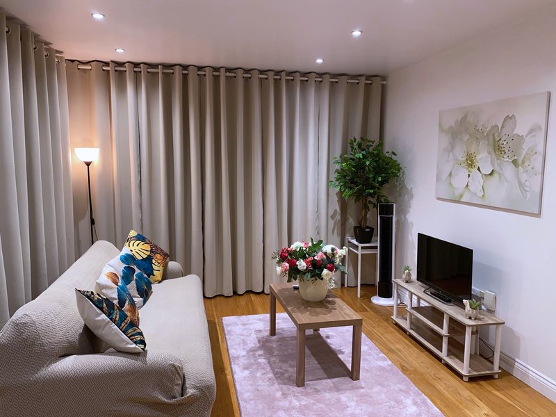 Living room with sofa, coffee table, TV stand, curtains, potted plant and wall art