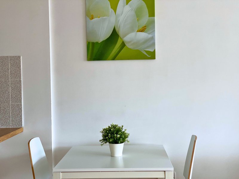 Minimalist dining area with white table, two chairs, potted plant and wall art