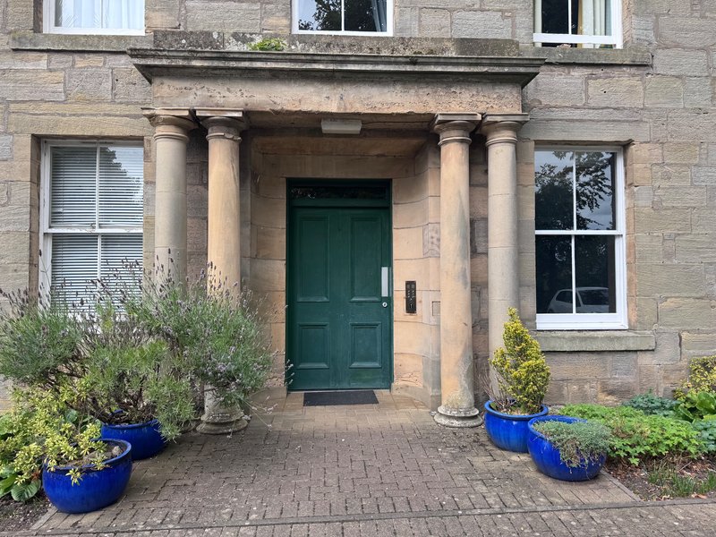 Stone building entrance with green door, columns, and blue planted pots