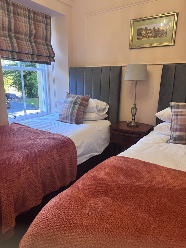 Twin bedroom with two single beds, grey headboards, bedside lamp and framed artwork