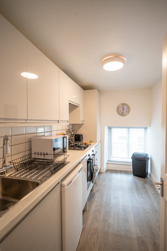 Compact kitchen with white cabinetry, stainless steel sink, dishwasher and window view
