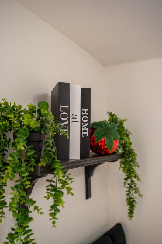 Floating shelf with books, potted plants, and red decorative item on white wall