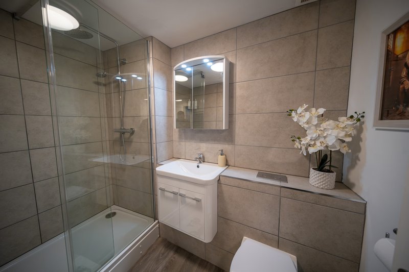 Modern bathroom with walk-in shower, vanity sink, mirror and white orchids