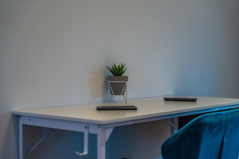 Minimalist desk with potted succulent, remote controls, and blue chair