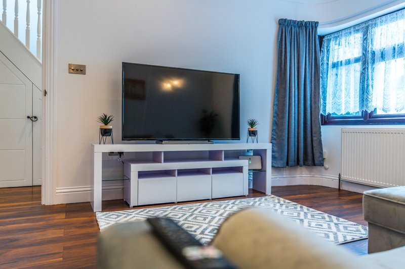 Bright living room with TV on white media unit, blue curtains, wooden floor and patterned rug