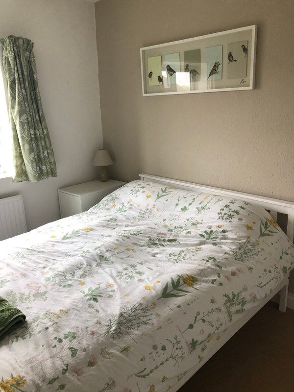 Bright bedroom with white bed, floral bedding, framed bird artwork and green curtains