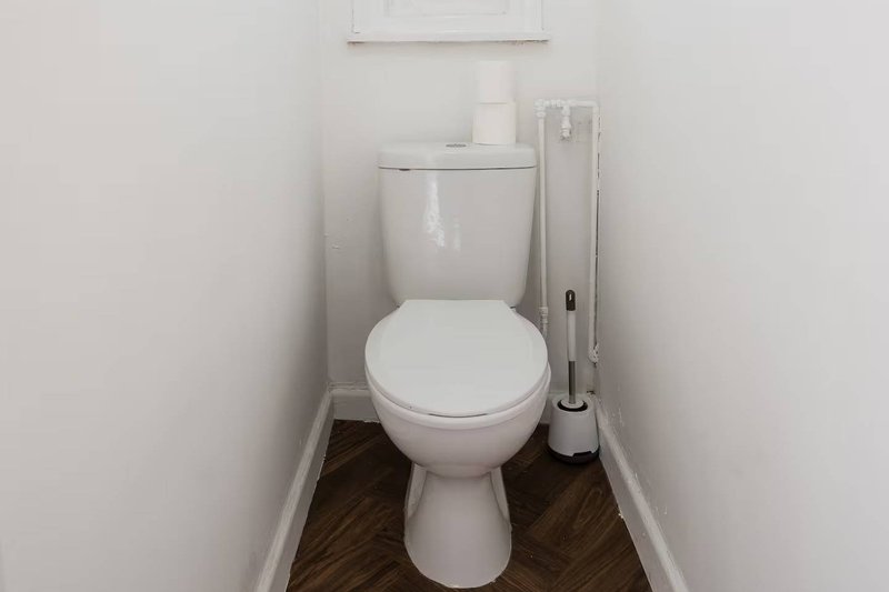 Small bathroom with white toilet, cistern, and toilet brush holder on dark flooring
