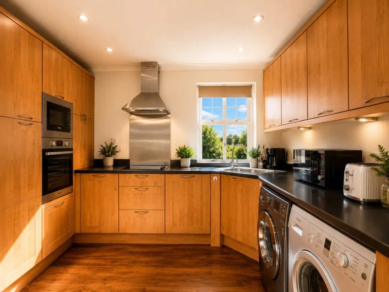 Modern kitchen with wooden cabinetry, black countertops, stainless steel appliances and window view