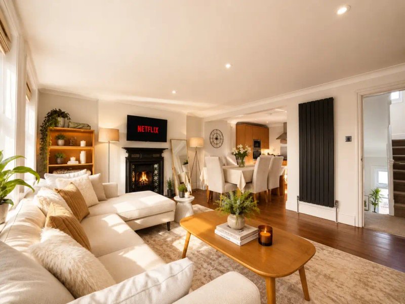 Spacious living room with cream sofa, fireplace, wooden coffee table and dining area