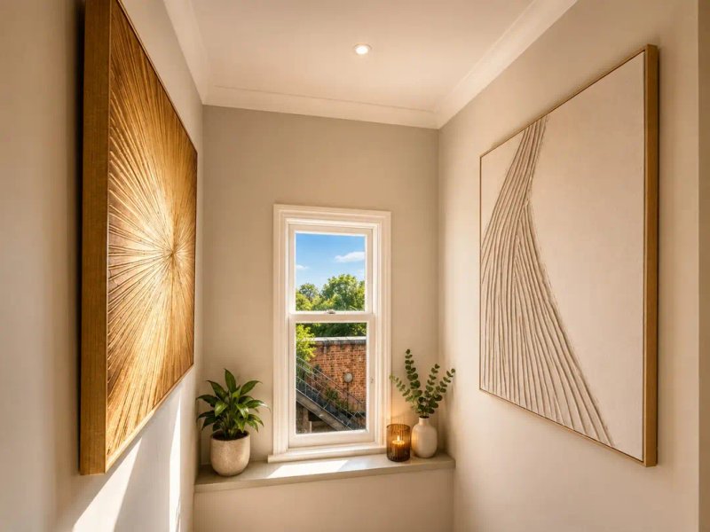 Bright hallway with window, potted plants, framed wall art, and recessed lighting