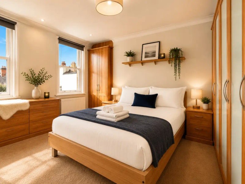 Bright bedroom with wooden bed, white bedding, black throw, potted plants and windows