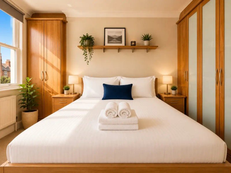 Bright bedroom with double bed, wooden headboard, bedside tables, plants and window