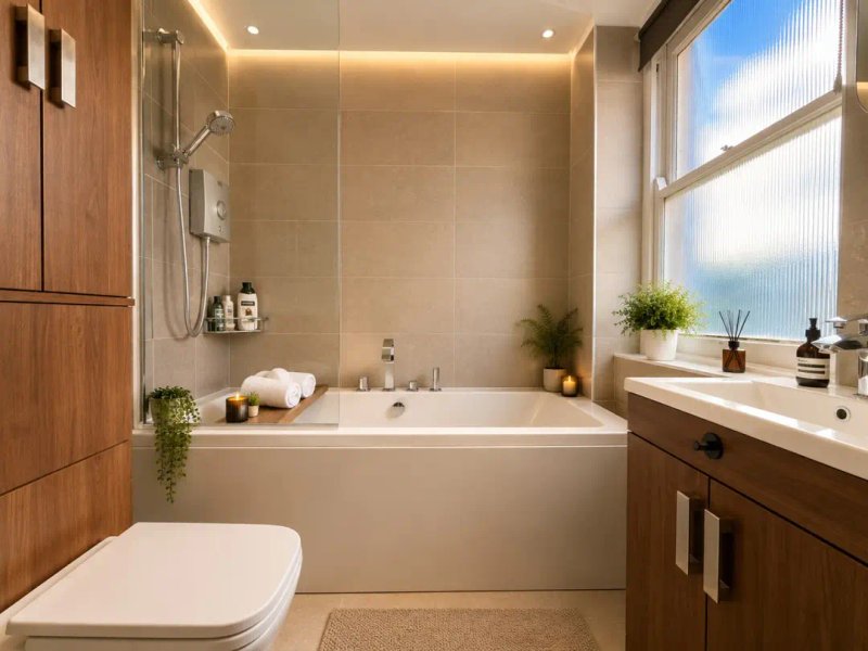 Modern bathroom with white bathtub, wooden vanity, shower enclosure and window